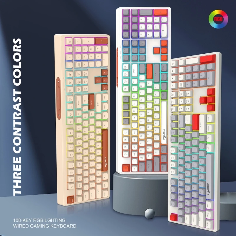 

108 Key Keyboard RGB LED Backlit Game Keyboard USB Corded Membrane Keyboard