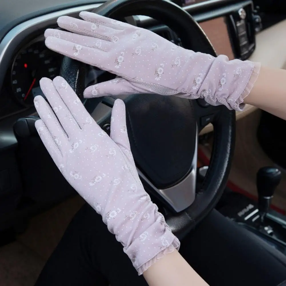 Floral Print Anti-slip Palm Driving Gloves Full Finger Lace Stitching Girls Outdoor Riding Sunscreen Mittens Cycling Accessories