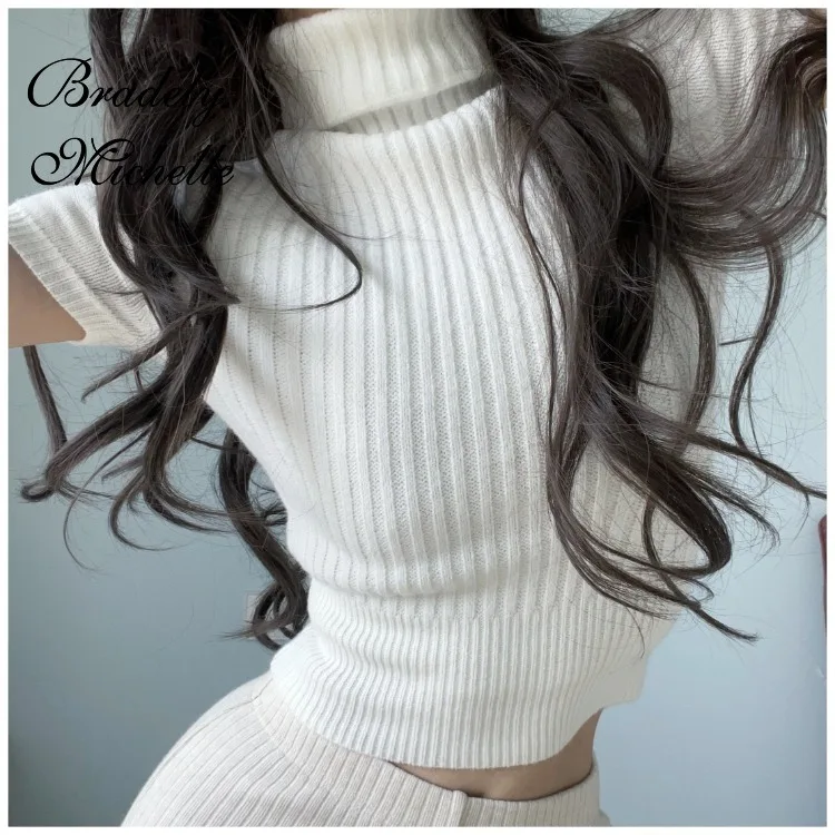 

Женский свитер с высоким воротником в стиле ретро, Женский Однотонный пуловер с коротким рукавом, вязаные пуловеры