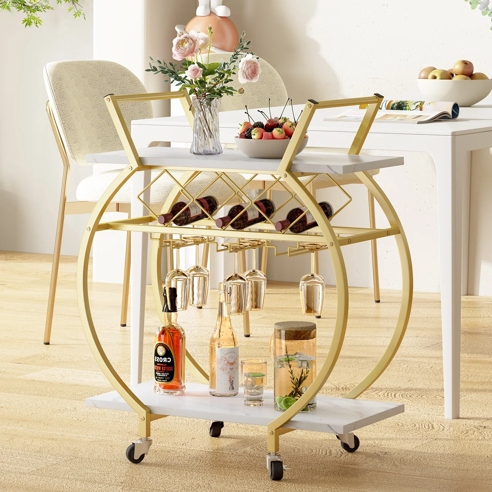 Gold and White Bar Cart Mini Rolling Kitchen Storage Cart with Wine Rack and Glass Holders Wine