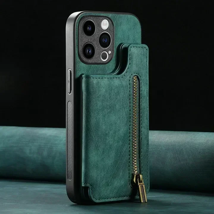 Zippered Leather Wallet Case with Card Holder and Back Cover