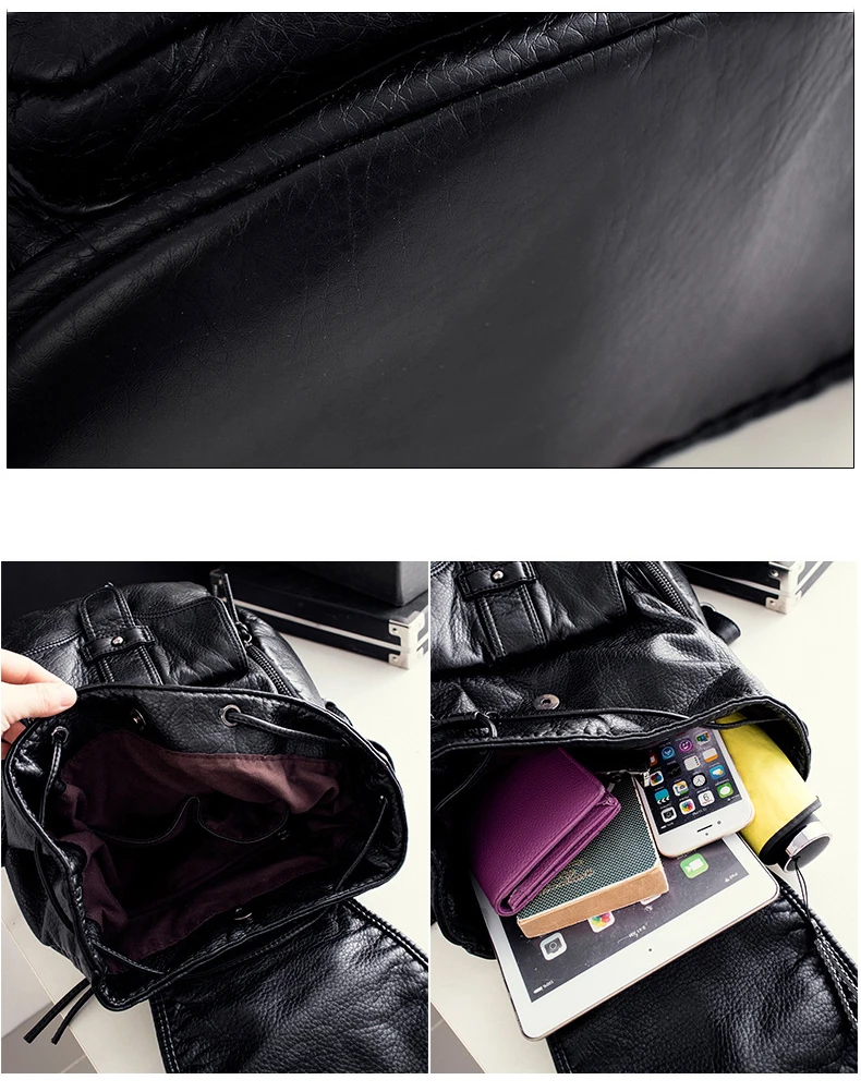 Fashion Women Backpacks Soft Washed PU Leather Travel Bag Female Drawstring Backpack High Capacity School Bags for Women 6