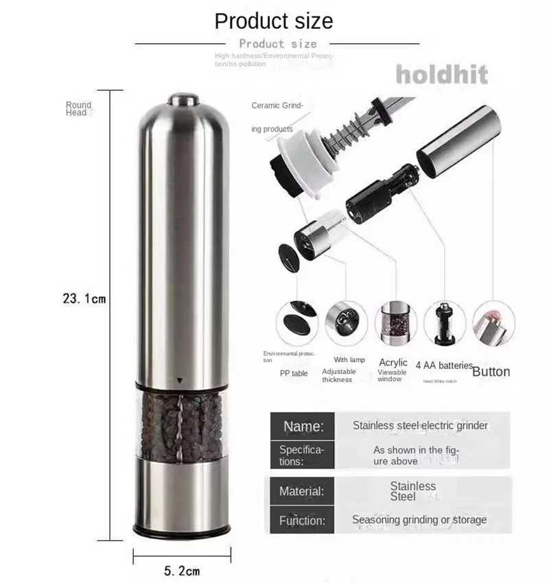Stainless steel electric salt mill, automatic gravity grinder, vanilla and spice grinder, adjustable size, salt and pepper set