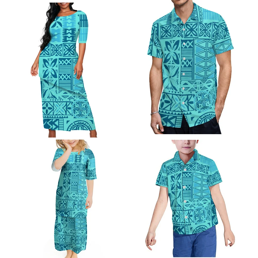 Samoa Hibiscus Flower Design New Family Party Clothing Polynesian Patterned Tribe Women Girls Puletasi Suit Skirt Men Boys Shirt