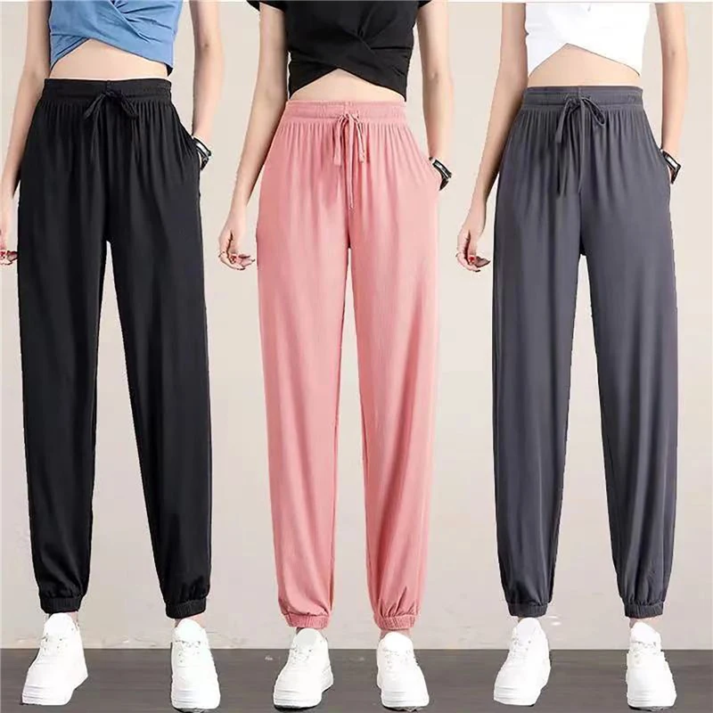 

Ice Silk Wide Leg Pants Women's Summer Thin Drape Loose Beam Feet Straight Casual Pants Student Sports Cool Sweatpants