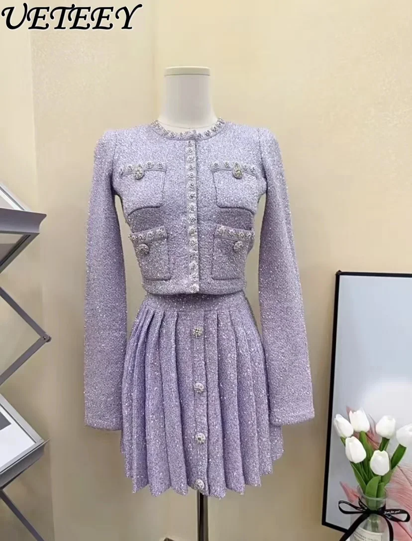 

Purple Knitted Sweater Suit Autumn New Fashion Socialite Light Luxury Coat + High Sense Short Pleated Skirt Two-Piece Set Women