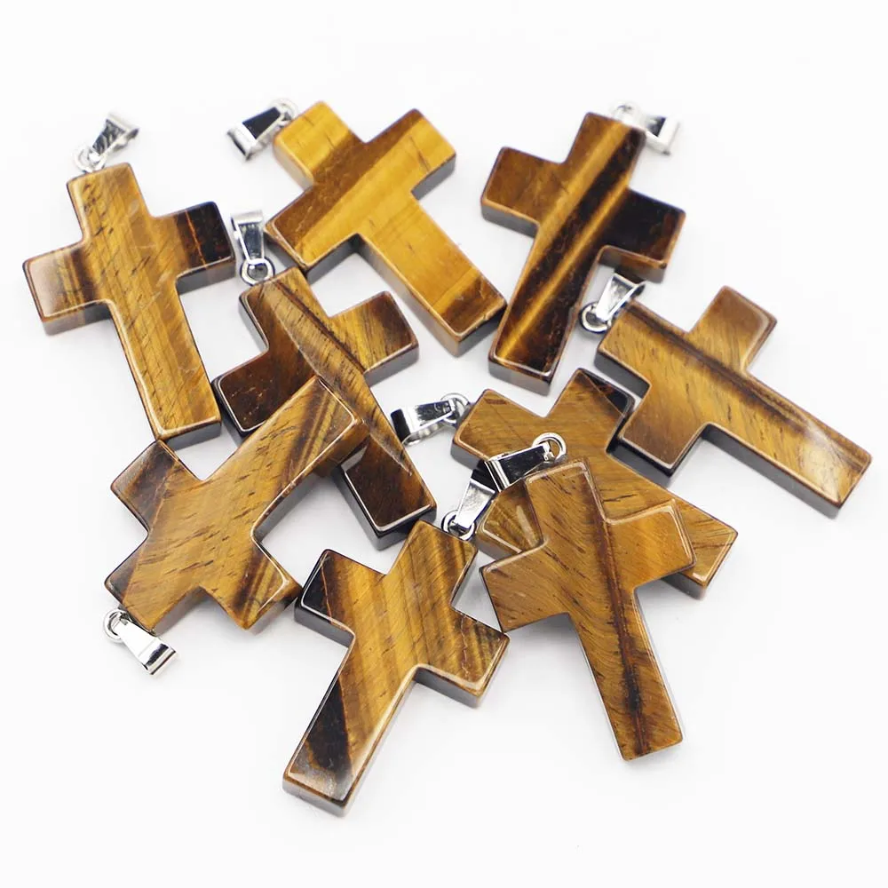 Natural Cross Pendants Tiger Eye Stone Agate Crystal Necklace Rule Fashion Simple Jewelry DIY Earring Accessories 6Pcs Wholesale