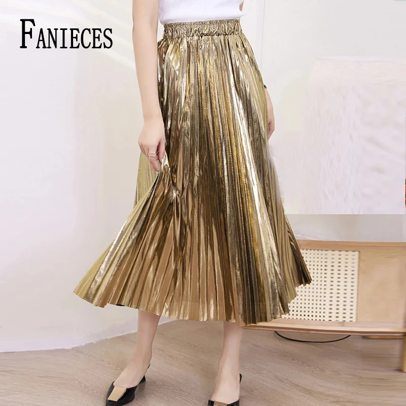 

FANIECES юбка faldas Elegant Women y2k Mid-Calf Pleated Skirt High Waist A-line Loose Solid Golden Ankle Length Soft Lady Dating