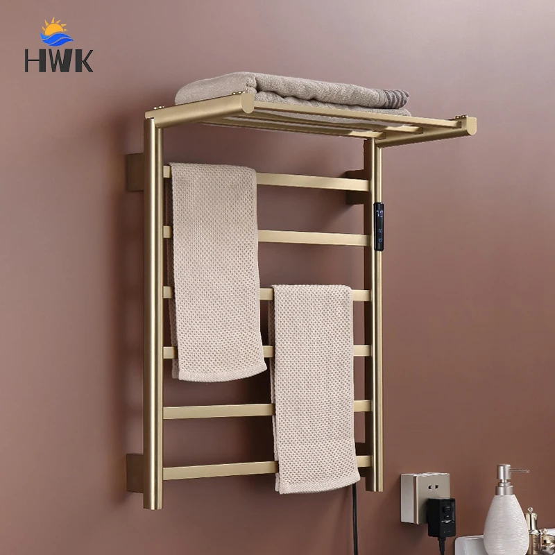 ห้องน้ําผ้าเช็ดตัวอุ่น Brushed Gold ชั้นวางผ้าขนหนูไฟฟ้า Wifi อุณหภูมิควบคุมอุ่นราวแขวนผ้าเช็ดตัวสแตนเลสผ้าเช็ดตัวเครื่องเป่า 1