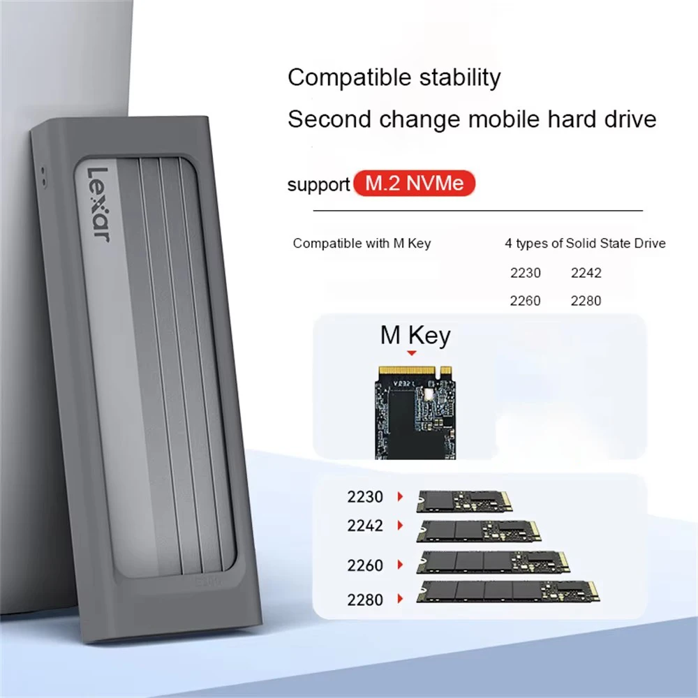 SSD Enclosure Original Lexar E300 M.2 For 2230 / 2242 / 2260 2280 NVMe USB 3.2 Gen 2 Type C Mobile External Hard Disk Case
