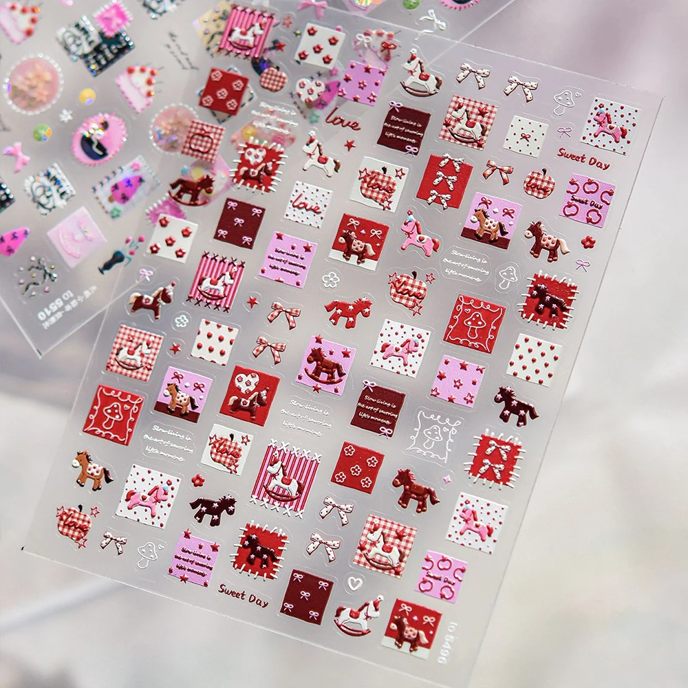 1개 귀여운 나비넥타이 5D 네일 아트 스티커 패치 데님 곰 말 귀여운 동물 리본 네일 데칼 DIY 매니큐어 장식 팁