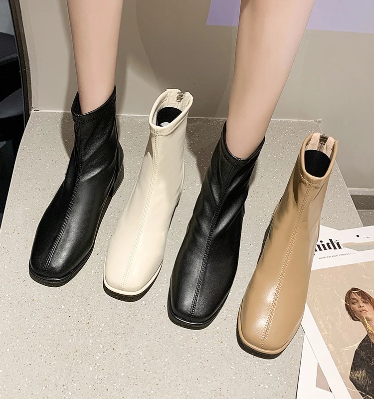 

Женские ботинки на молнии сзади, ботильоны из искусственной кожи на среднем каблуке, с квадратным носком, Осень-зима 2023