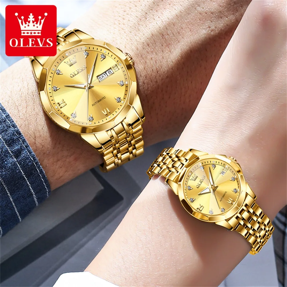 OLEVS 9982 Automatic Watch Rhombus Mirror Mechanical Couple Watches Date Stainless Steel Luxury Waterproof Luminous Wristwatch