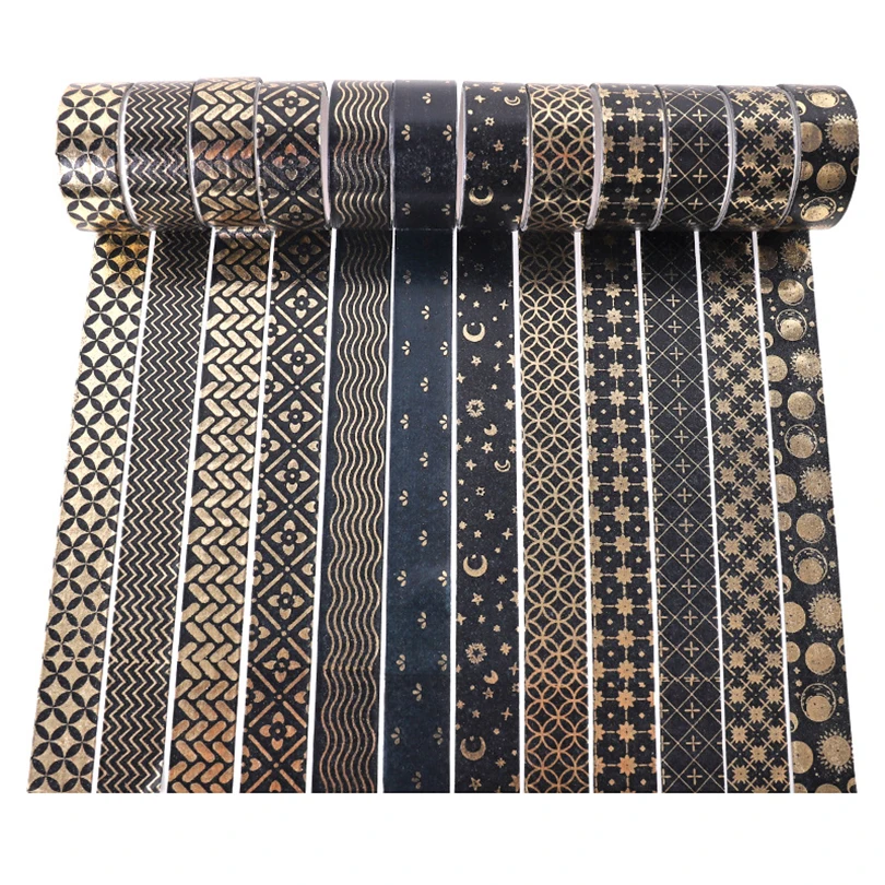 12Pcs Black Washi Tape Scrapbooking Supplies Gold Foil Masking Tape Diary Geometry School Supplies Cinta Adhesiva Decorativa 3