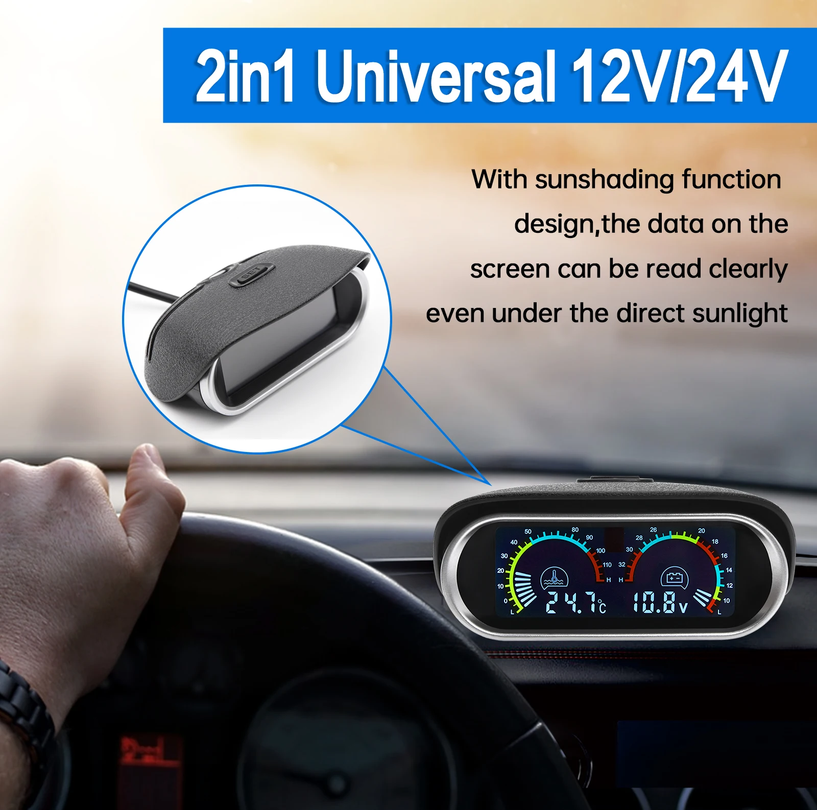 AD 2in 1 LCD 자동차 수온 게이지 및 수온 센서, 10mm 계량기 전압계, 전압 디지털 수평 12V 24V 액세서리