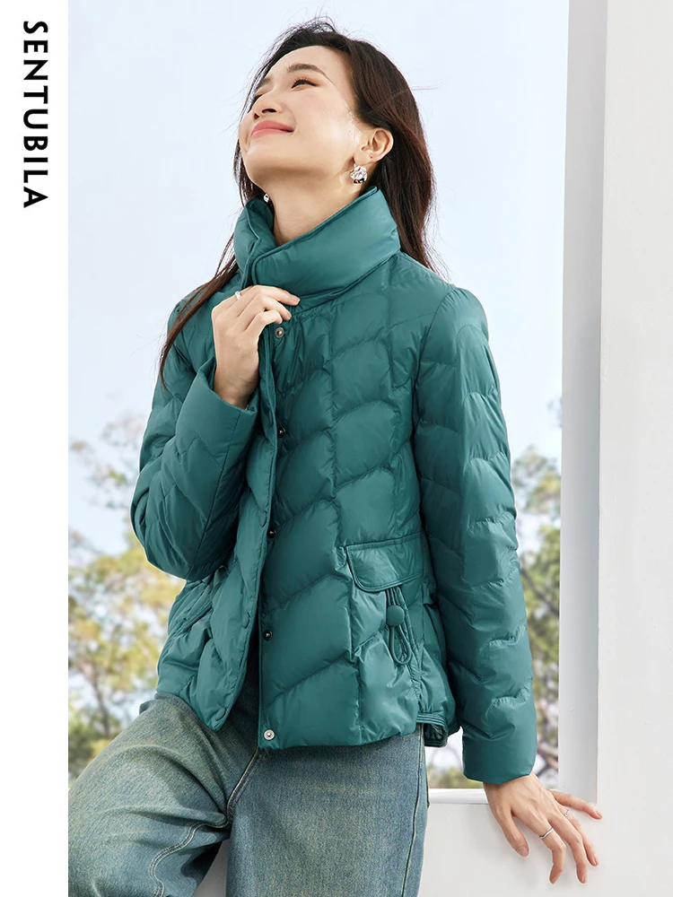 SENTUBILA Autumn Winter 90 White Duck Down Warm Down Jacket Women 2023 Casual Single Breasted Lightweight Crop Jacket W34Y50153