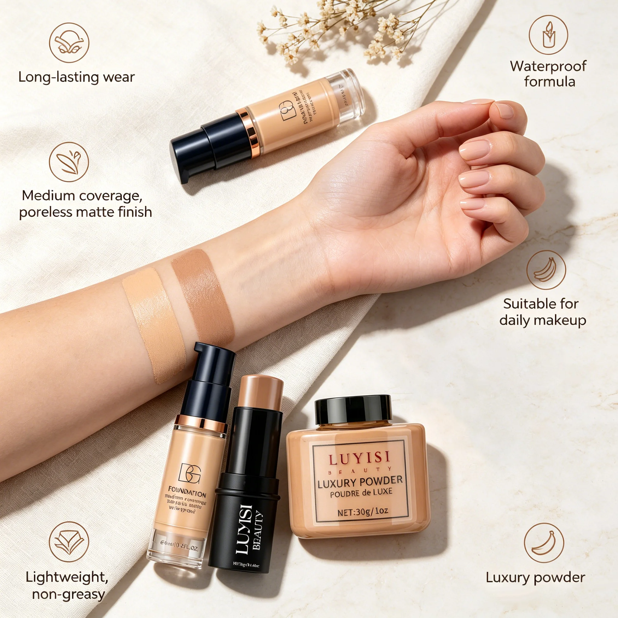 Set di trucco per il viso: 1 fondotinta + 1 stick per il contouring + 1 polvere fissante, copertura completa, impermeabile e resistente al sudore, cosmetici delicati. - immagine 6