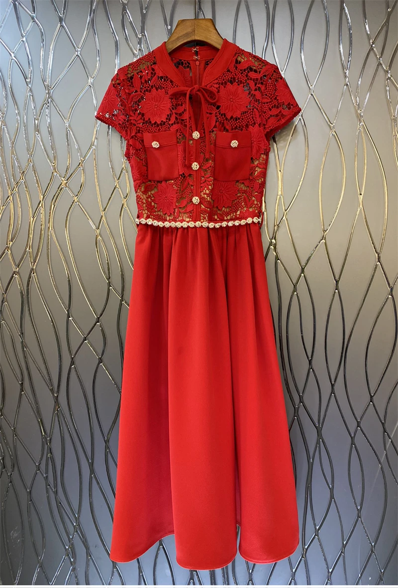 

Top Quality New 2023 Spring Dress Women Bow Collar Crochet Lace Embroidery Beading Deco Short Sleeve Mid-Calf Length Red Dress