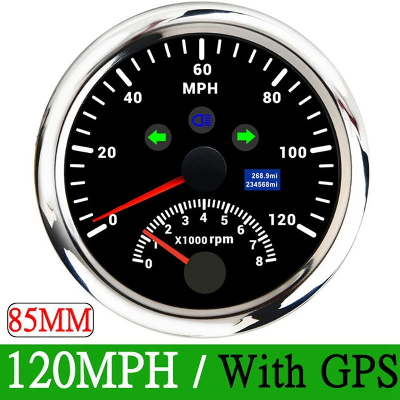 

2 In 1 85MM Marine GPS Tachometer 0-120 MPH Speedometer 0-8000 RPM With Red Backlight For Marine Trucks