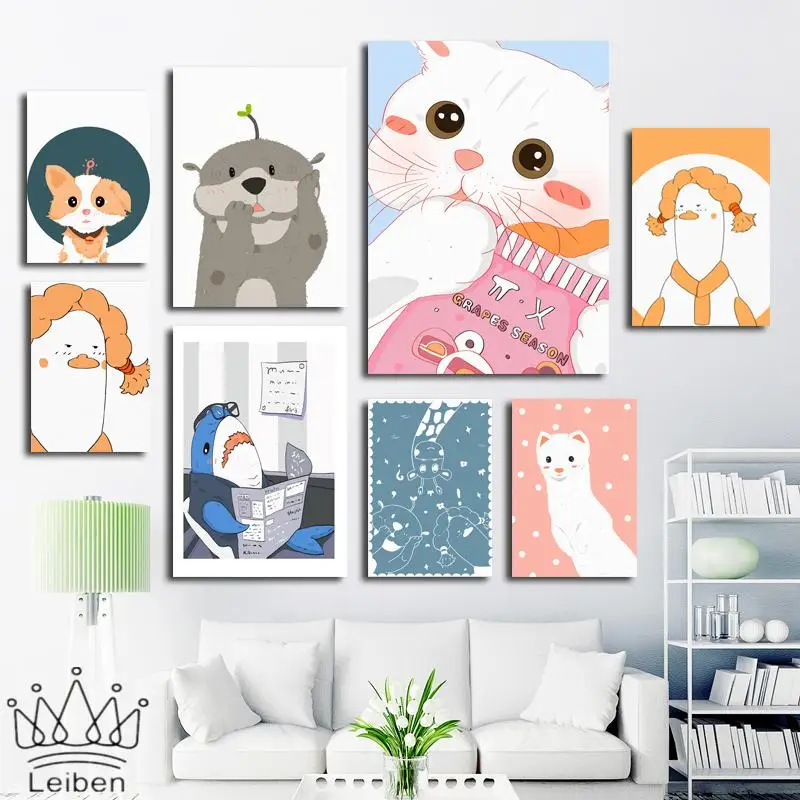 

Baby Room Cute Animal Poster Modern Cartoon Cat Duck Giraffe Canvas Painting Nursery Wall Art Picture for Children's Room Decor