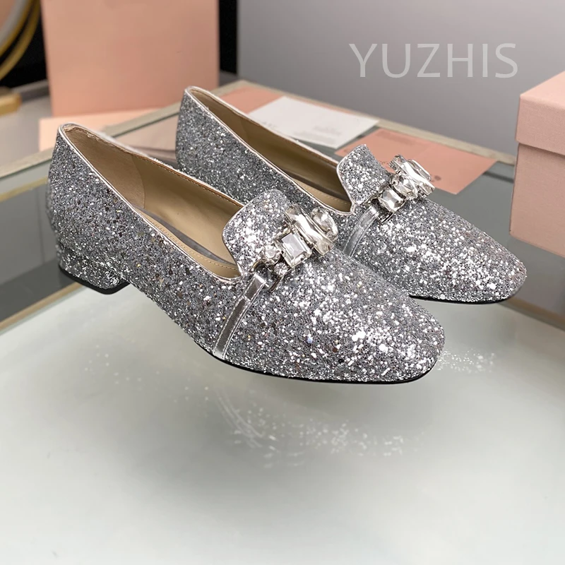 

Women High Heel Bling Genuine Leather Loafers Runway Designer Ladies Rhinestone Crystal Slip On High Heels Female Mary Janes
