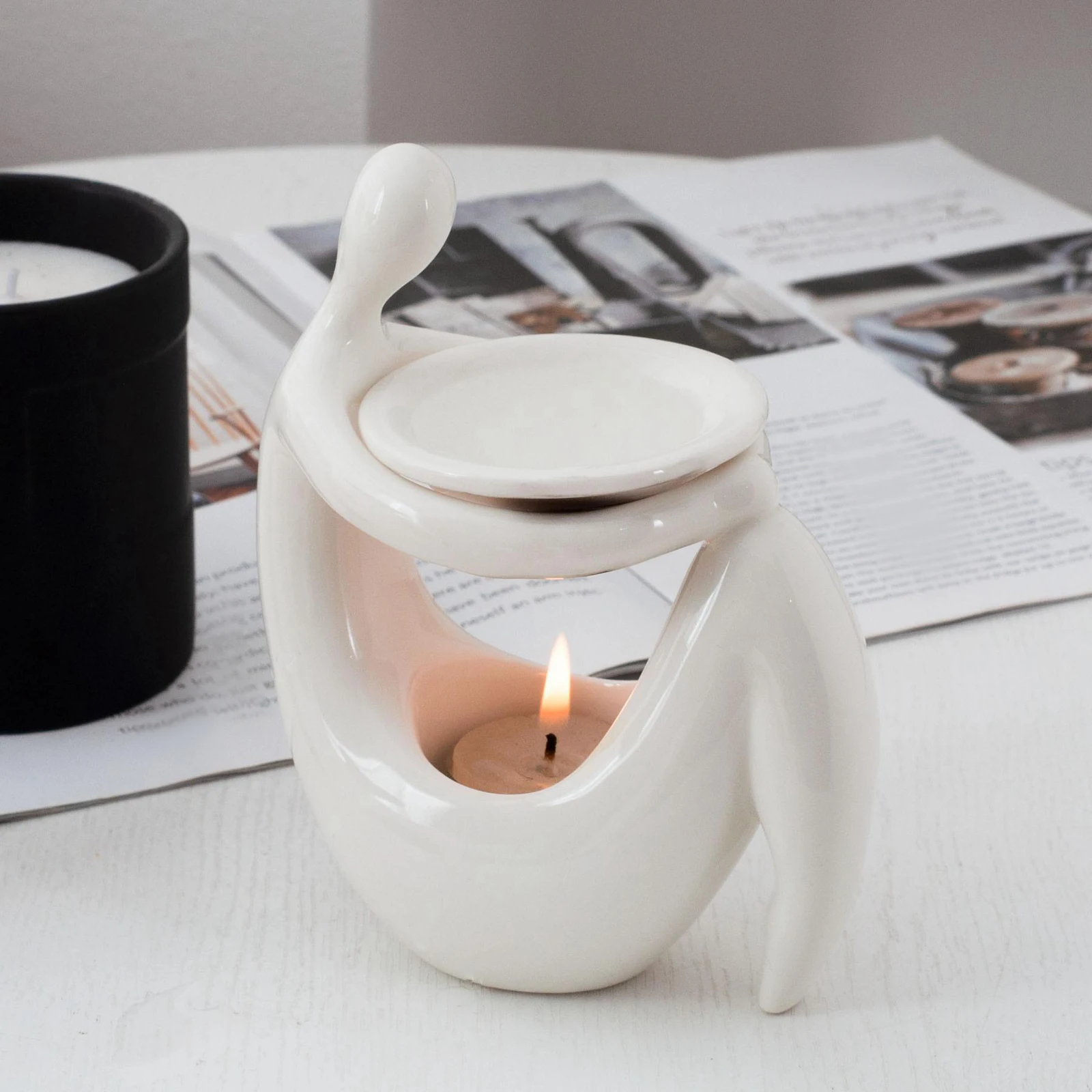 Bruciatore Per Oli Essenziali In Ferro E Ceramica Nero - Lampada Profumata Con Portacandela Tealight