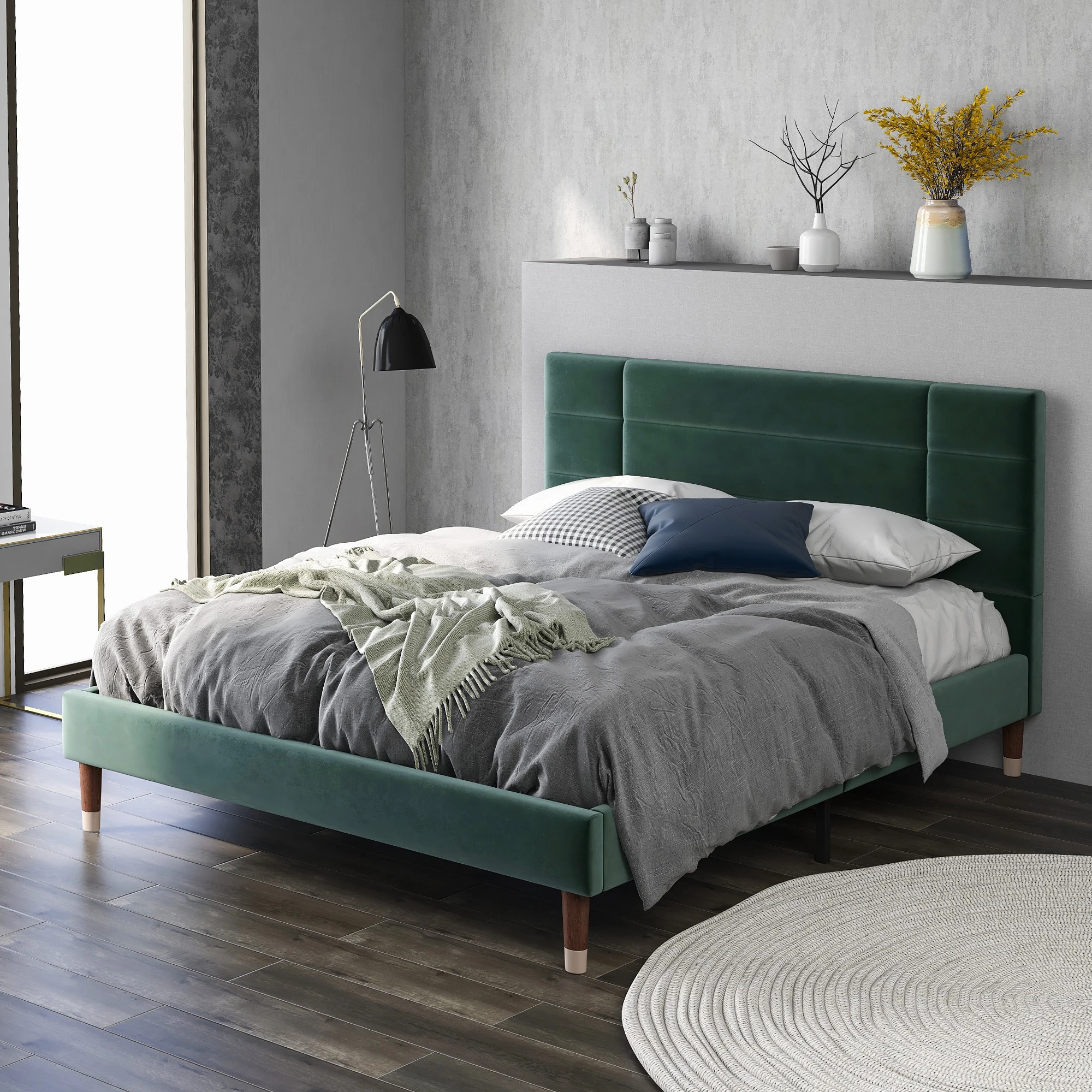 Upholstery bed double bed with slatted frame 140x200cm padded bed frame with headboard dark green velvet, for adults & youthful