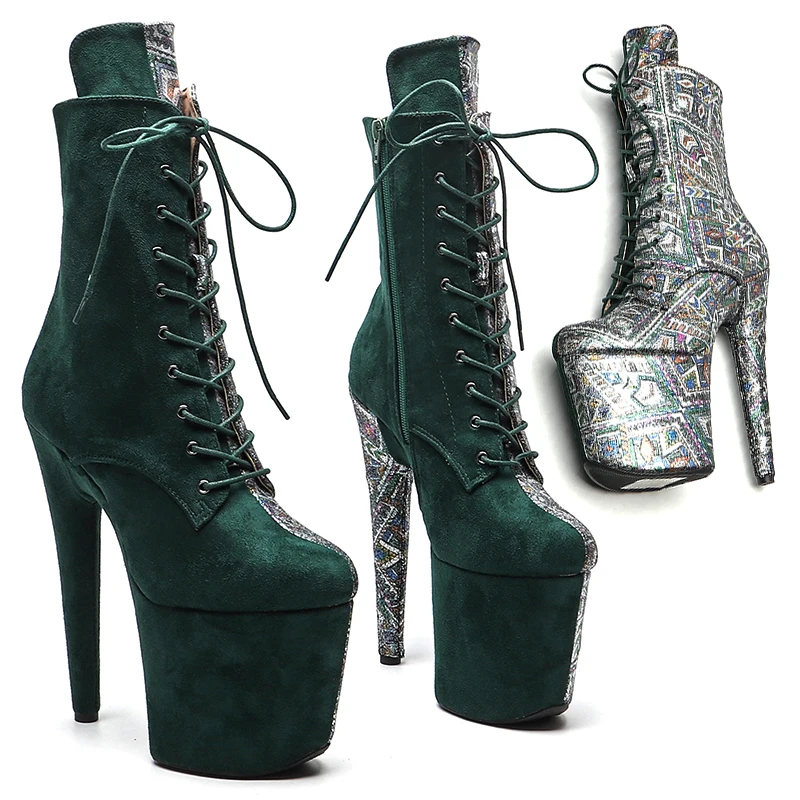 

Leecabe 20CM/8Inch Genuine Leather with Green Suede material Platform disco party High Heels Pole Dance boot