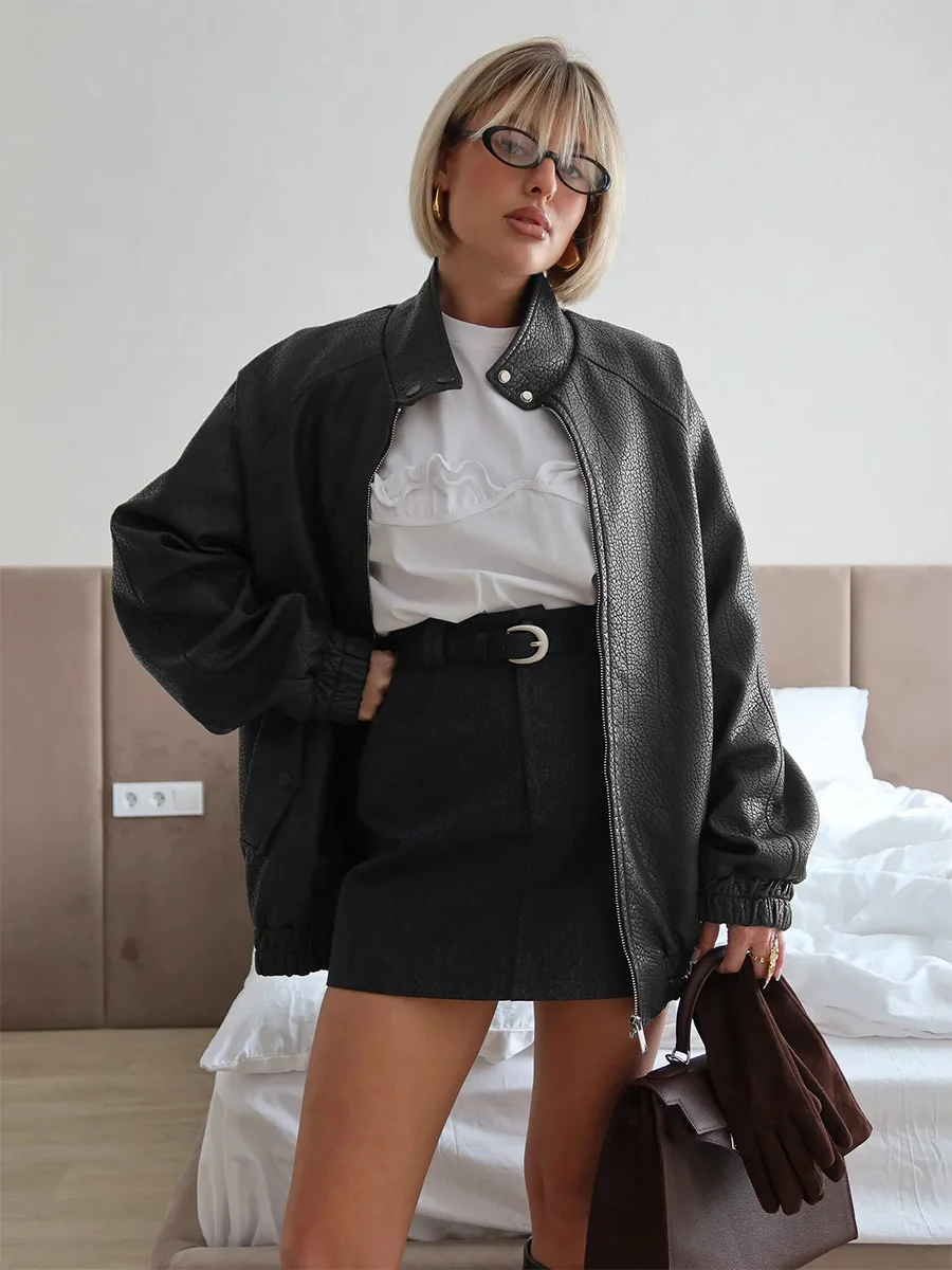 Bornladies New Women's Stand Collar Zip Up Faux Leather Jacket Oversized Fit Long Sleeve Autumn Comfort Jackets