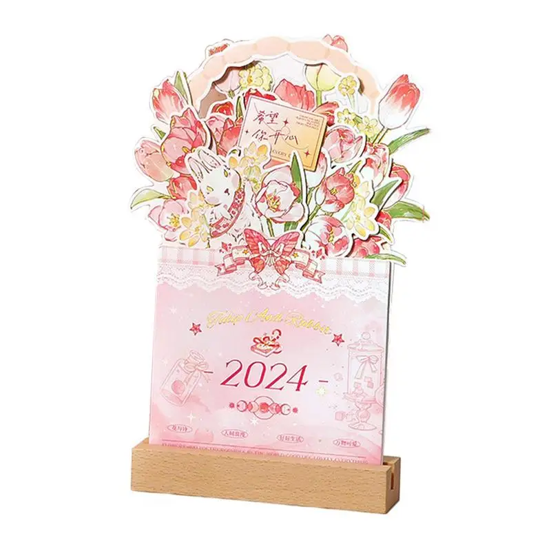 Desk Calendar 2024 Flower Design Desktop Calendar Memo Sheet Monthly Planner Household Calendar Creative Detachable For Dormitor