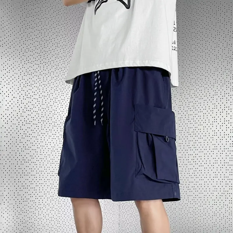 Summer New Men's Solid Color Cargo Trousers Fashion Trendy Loose Spliced Pockets Elastic Drawstring All-match Comfortable Shorts