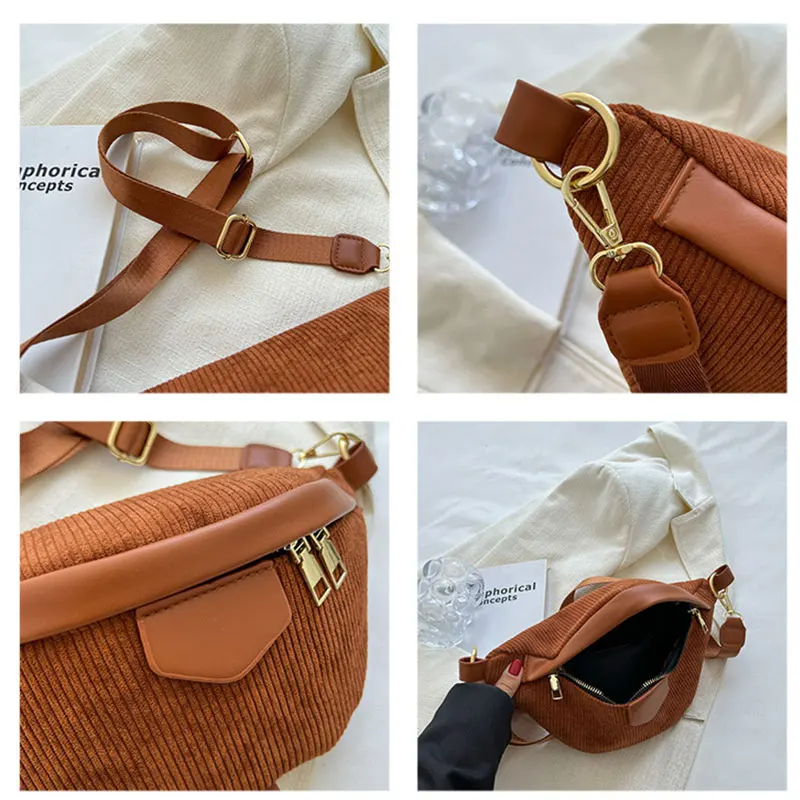 Women Unisex Corduroy Chest Waist Bag Zip Sling Travel Sport Coins Phone Bags Casual Breathable Sports Crossbody Bag