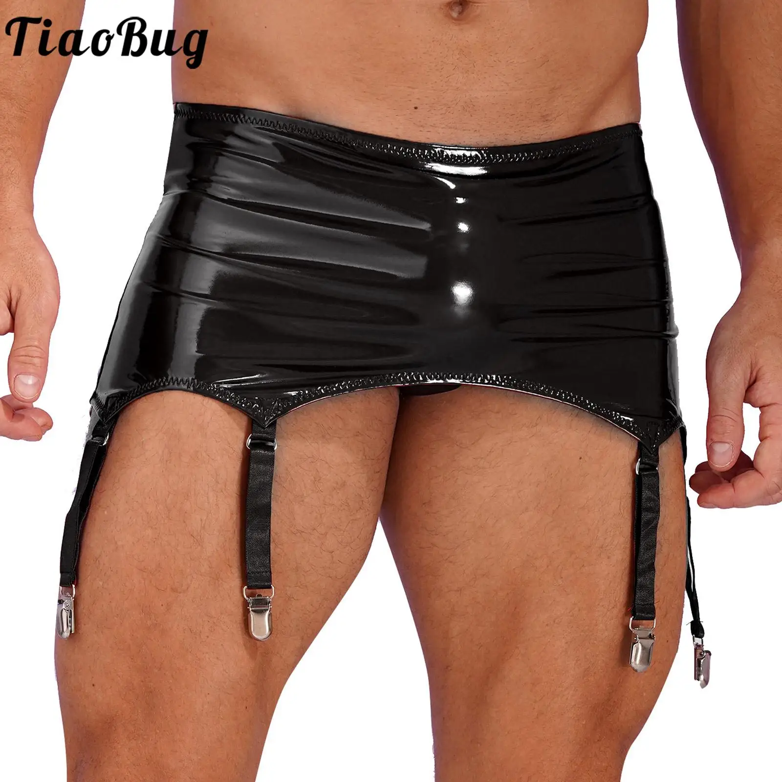 

Sexy Mens Shiny Wet Look Patent Leather Zipper Garters with Metal Clips Lingerie Erotic Nightwear Club Stage Performance Costume