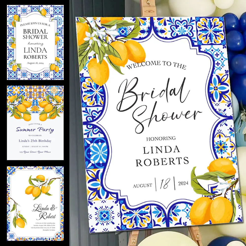Acrylic Wall Decor Acrylic Party Decor Wedding Poster Mediterranean Lemon Bridal Shower Welcome Sign Mosaic Board Navy Blue Lemon Welcome Sign for Birthday Wedding Decor