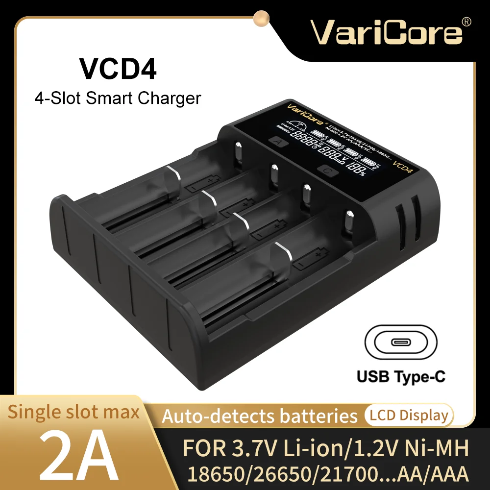 Battery Charger Varicore 18650 VCD4 for NiMH Li-ion 3.7V 1.2V 26650 26700 14500 26700 18350 21700 AA AAA