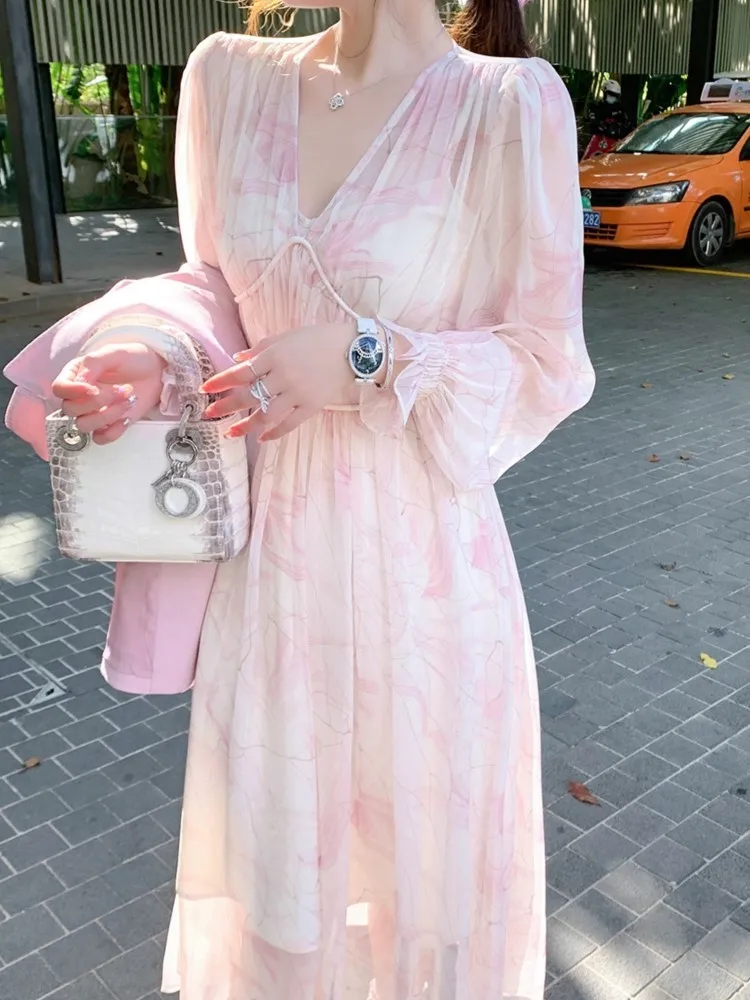 

New Women's Summer Elegant Casual Floral Print Midi Dress Chiffon Long Sleeve Vintage Party Vestidos Female Fashion Clothes