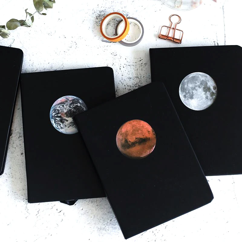 A5 Creative Hardcover Notebook,Planetary Series Cover All Black Cardboard 96sheets/Book,Writing Diary Office Study Note Supplies