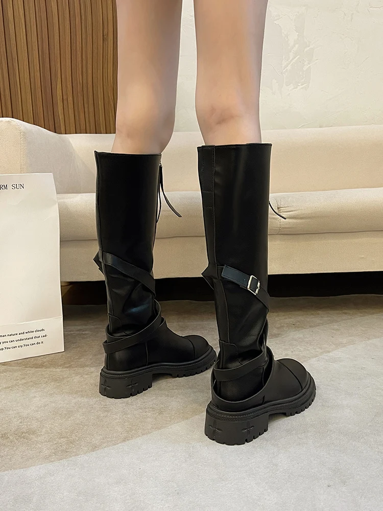 

Med Heel Boots Boots-Women Shoes Zipper Round Toe Winter Footwear 2023 Flat Black Ladies Rubber Over-the-Knee Autumn PU Solid B