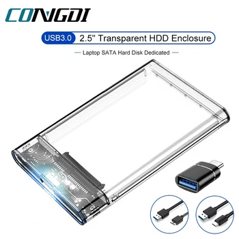 2.5 인치 HDD SSD 케이스, USB 3.0 C 타입 투명 HDD 인클로저, 외장 하드 드라이브 디스크 케이스, 노트북용 SATA 박스 SSD 하드 디스크 박스