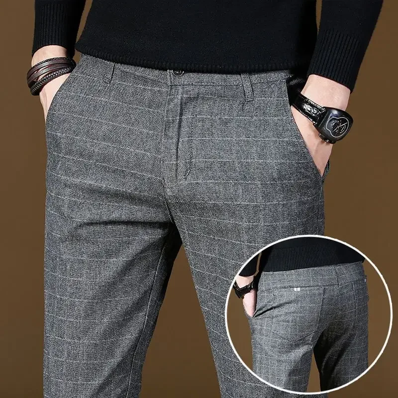 thumbnail image 1 of Pantalones azules de oficina para trabajo para hombres, pantalones ajustados con diseño de rayas para hombre, pantalones formales coreanos, reseñas de muchos pantalones chinos de lujo para hombre, tel, 1 of 5