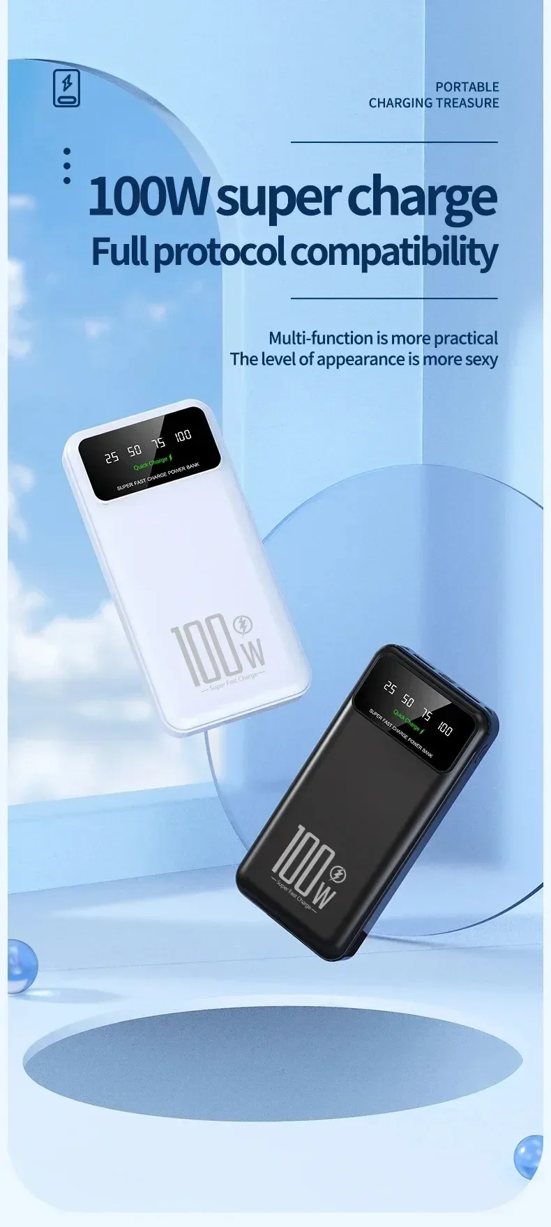 100W Fast Charging 50000mAh High Capacity Power Bank Portable Charger Battery Pack Powerbank for IPhone Huawei Samsung Xiaomi