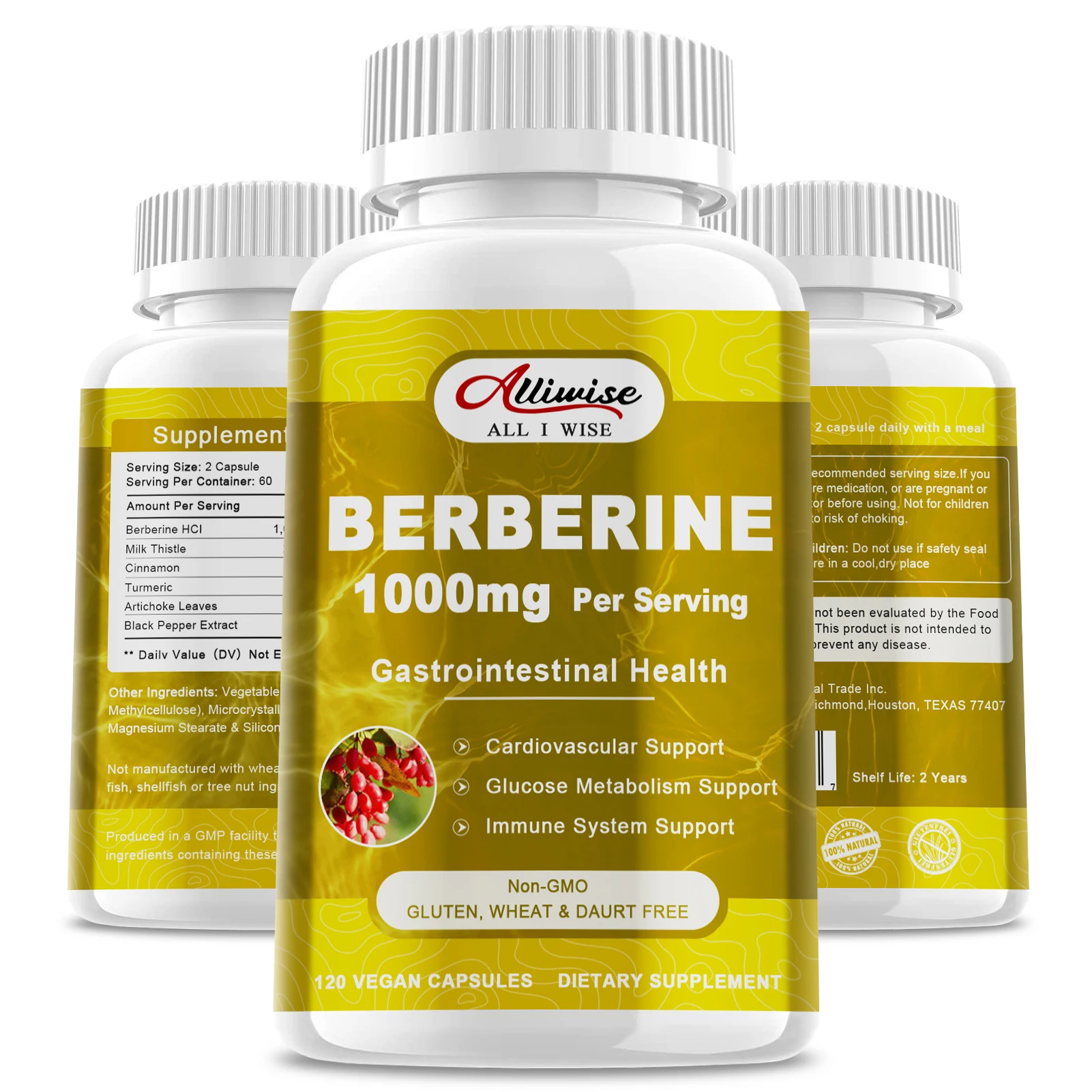 Berberine Capsules Alliwise Berberine Supplement Capsules Supports Immune System CardiovascularHeart & Gastrointestinal Wellness