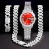 3pcs Men's Silver Watch Set Hip-hop Punk Inlay Diamond Watch+Cuban Chain+Bracelet Comes With Strap Adjuster Stylish Jewelry Gift 1