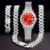 3pcs Men's Silver Watch Set Hip-hop Punk Inlay Diamond Watch+Cuban Chain+Bracelet Comes With Strap Adjuster Stylish Jewelry Gift 1