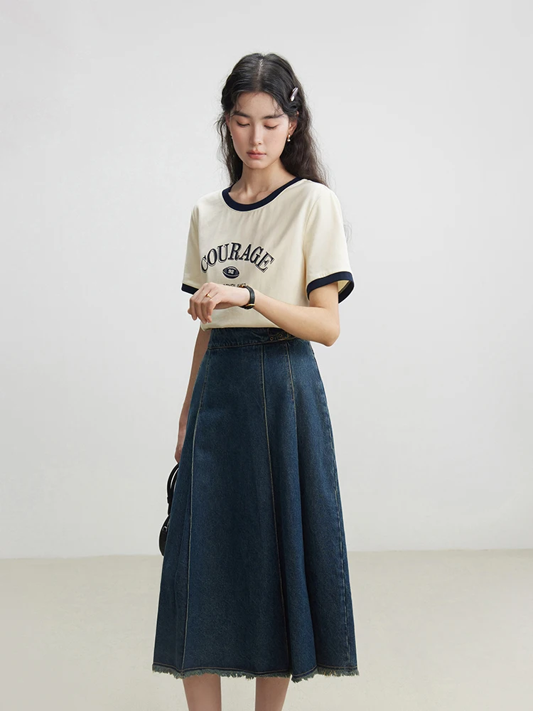 DUSHU 여성용 라운드 넥 티셔츠, 레터 프린트 디자인, 베이지 반팔 상의, 캐주얼 티, 대비색, 여름, 24DS82220