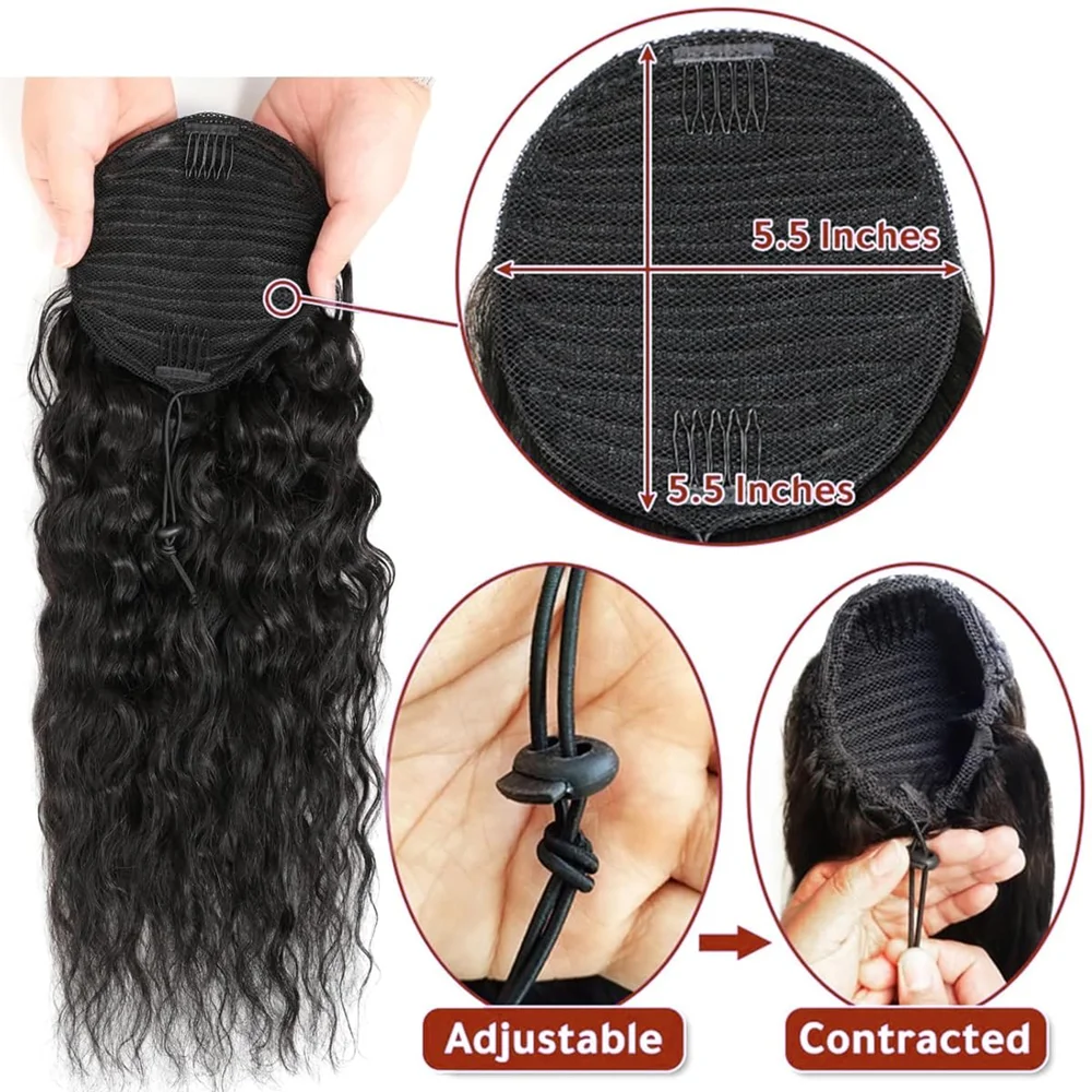 Human Hair Clip in Wave Ponytail Extensions Long Wrap Drawstring Curly Clip on Pony Tail Hairpiece 100% Brazilian Hair for Women