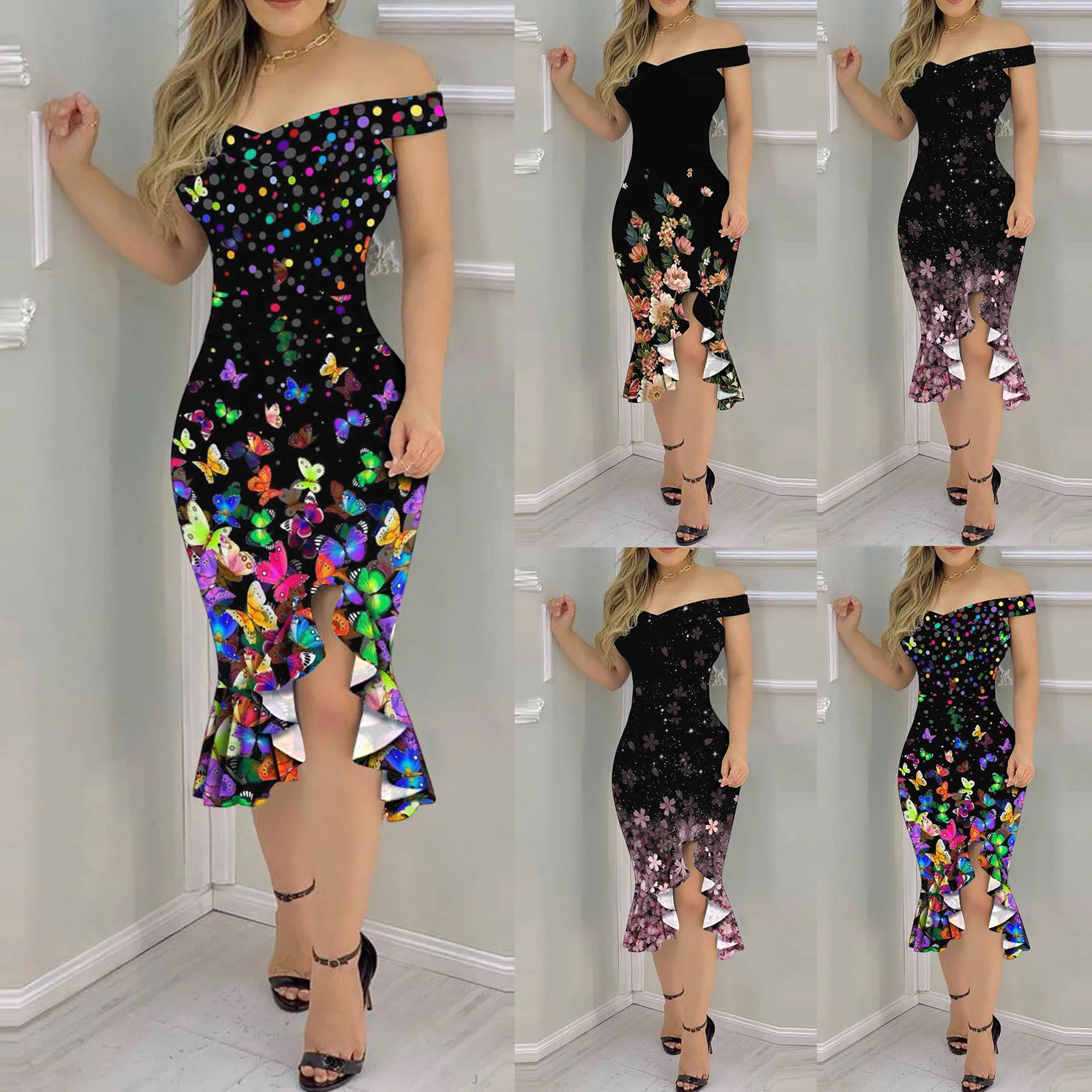 Sexy Ruched Ruffle Dress Women Fashion Butterfly print Off Shoulder V