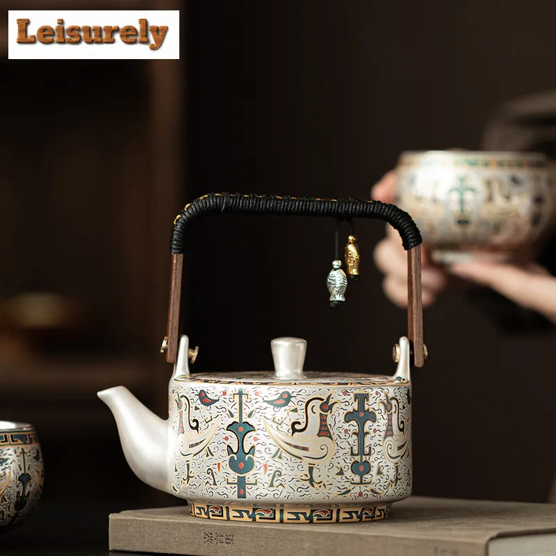 320ml Gilt Silver Dunhuang Bird Of Destiny Lifting Handle Teapot Zen Tea Infuser Pot Tea Soaking Kettle With Strainer Tea Set