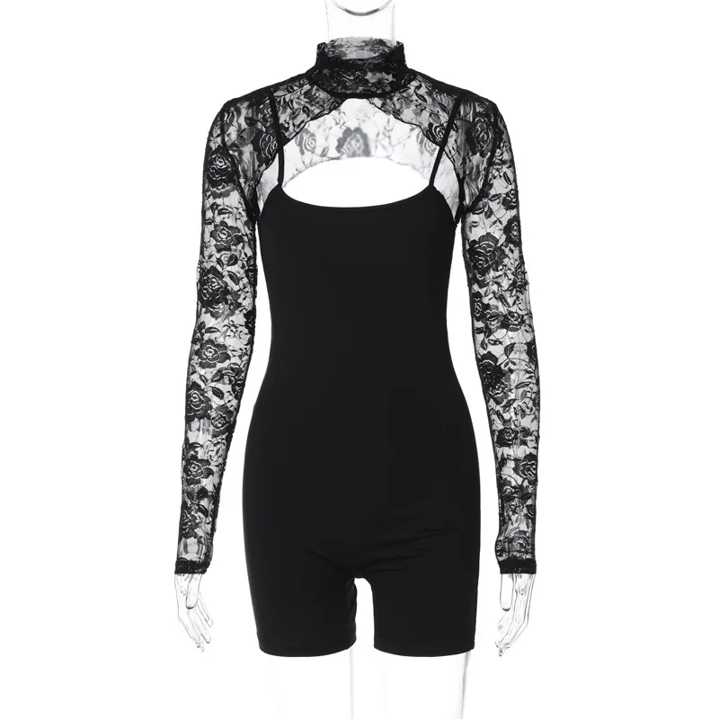 BKLD Womans Clothing 2024 Spring New Fashion Sexy Slim Fit Short Jumpsuit One Pieces Spaghetti Strap Rompers With Lace Shawl