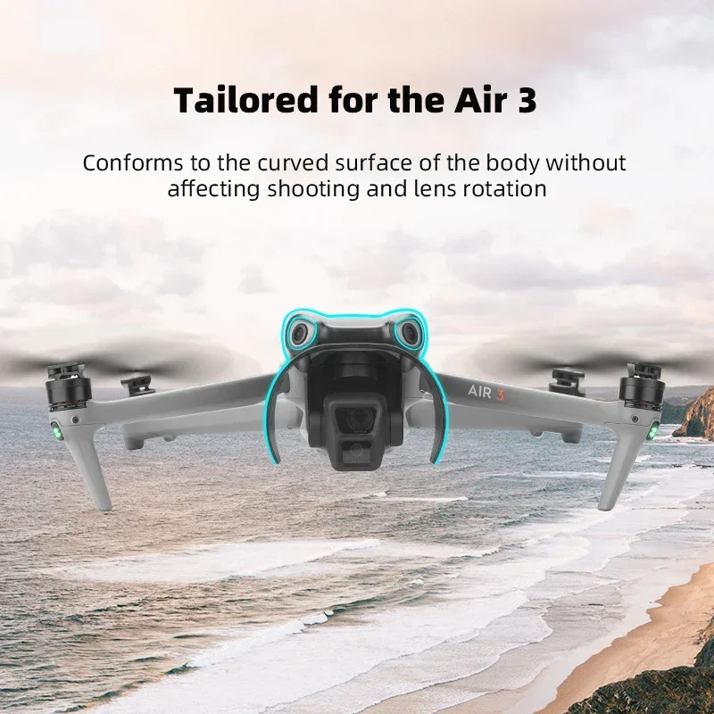 Vue rapprochée du pare-soleil pour DJI Air 3, montrant son ajustement précis et la protection qu'il apporte à l'objectif.